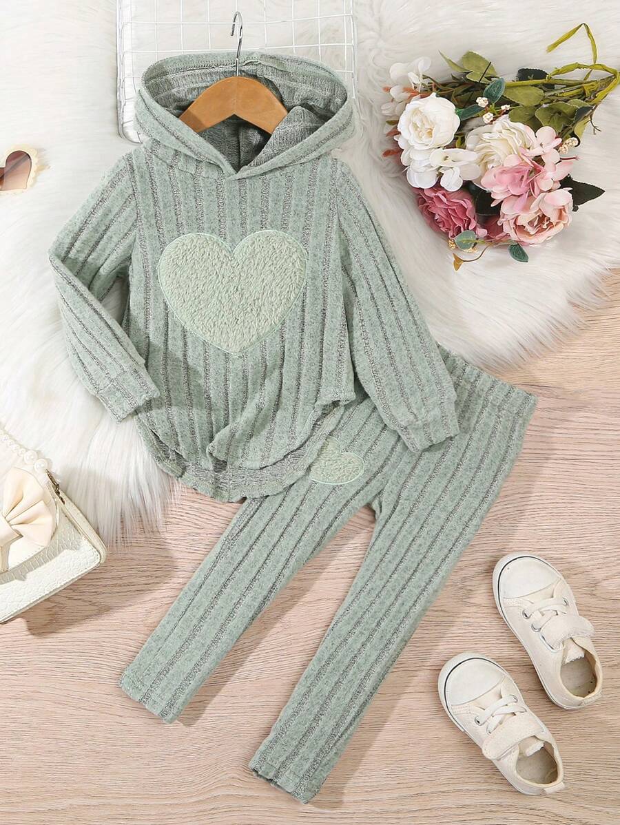 2 pezzi Set casual di moda per bambine, composto da felpa con cappuccio ricamata a cuori a righe e leggings, per l'autunno