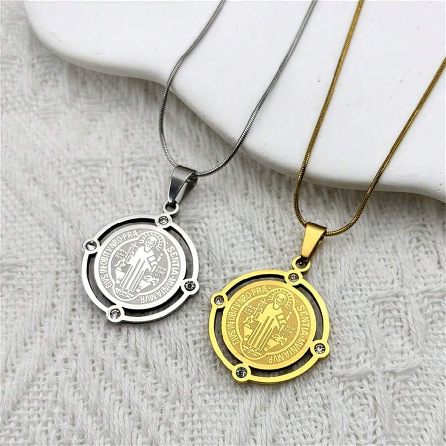 Rhinestone Saint Benedict Stainless Steel Medallion Pendant Necklace For Men And Women SAN Benito Gold/Silver Color Party Jewelry Christmas New Year Valentine's Day Holiday Gift