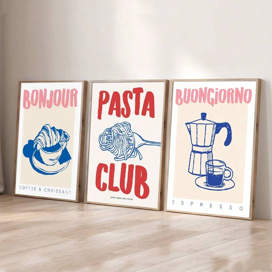 Set di 3 stampe su tela con immagini di cibo e bevande, cartellone d'arte per la cucina, stile retrò francese, con motivi come pasta, caffè e pane, quadri senza cornice per decorazione minimale per cameretta, appartamento, sala da pranzo, soggiorno, casa moderna