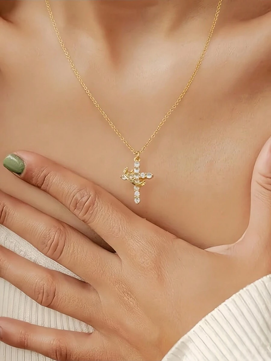 1pc Minimalistische vergulde microgeplaveide kubieke zirkonia ketting Christelijke ketting - Kruis kroon ketting - Christelijke sieraden - Christelijk cadeau - Christelijke kleding - Ketting - Kruis ketting, sierlijke ketting cadeau voor haar