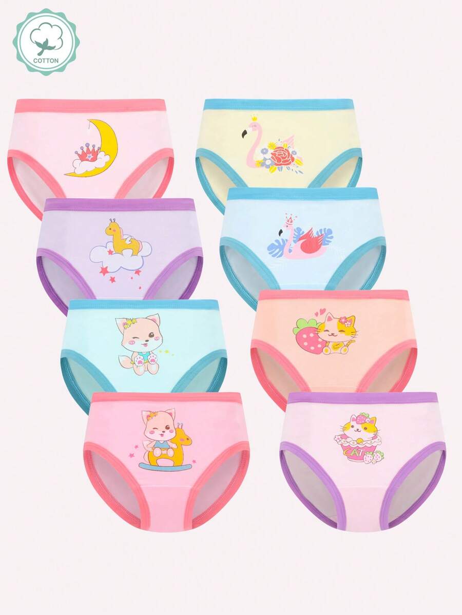 8pcs Young Girl Soft Comfortable Cartoon Pattern Briefs Casual Underwear Set