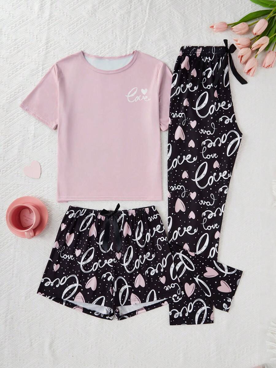 3-teiliges Pyjama-Set mit Buchstaben-, Herz- und Punktdruck, Rundhals-Kurzarmshirt + Shorts mit elastischem Bund + lässige Hose, bequeme Nachtwäsche, Damen Pyjama- und Loungewear-Set