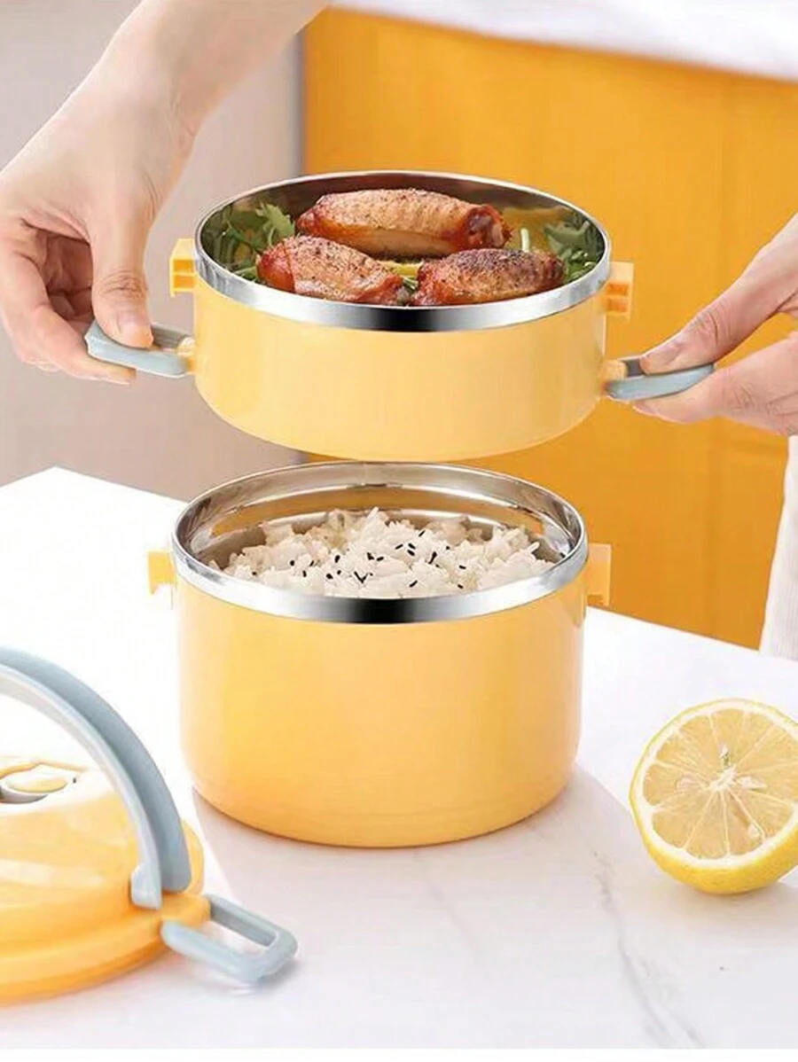 2-Layer Round Yellow Bento Box, Sealed Lunch Box With Lid, Portable Food Container (Keeps Food Warm For About 1 Hour, Better With A Thermal Bag. Soup And Water Should Be Placed In The Top Layer, Open The Vent On The Lid Before Opening)