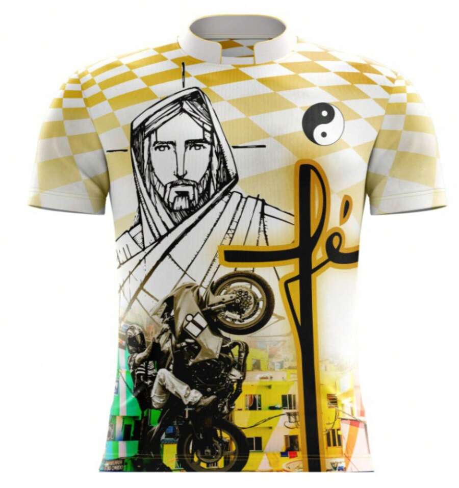 Camiseta quebrada motoqueiro fé Jesus Cristo quadriculado amarelo ref 159