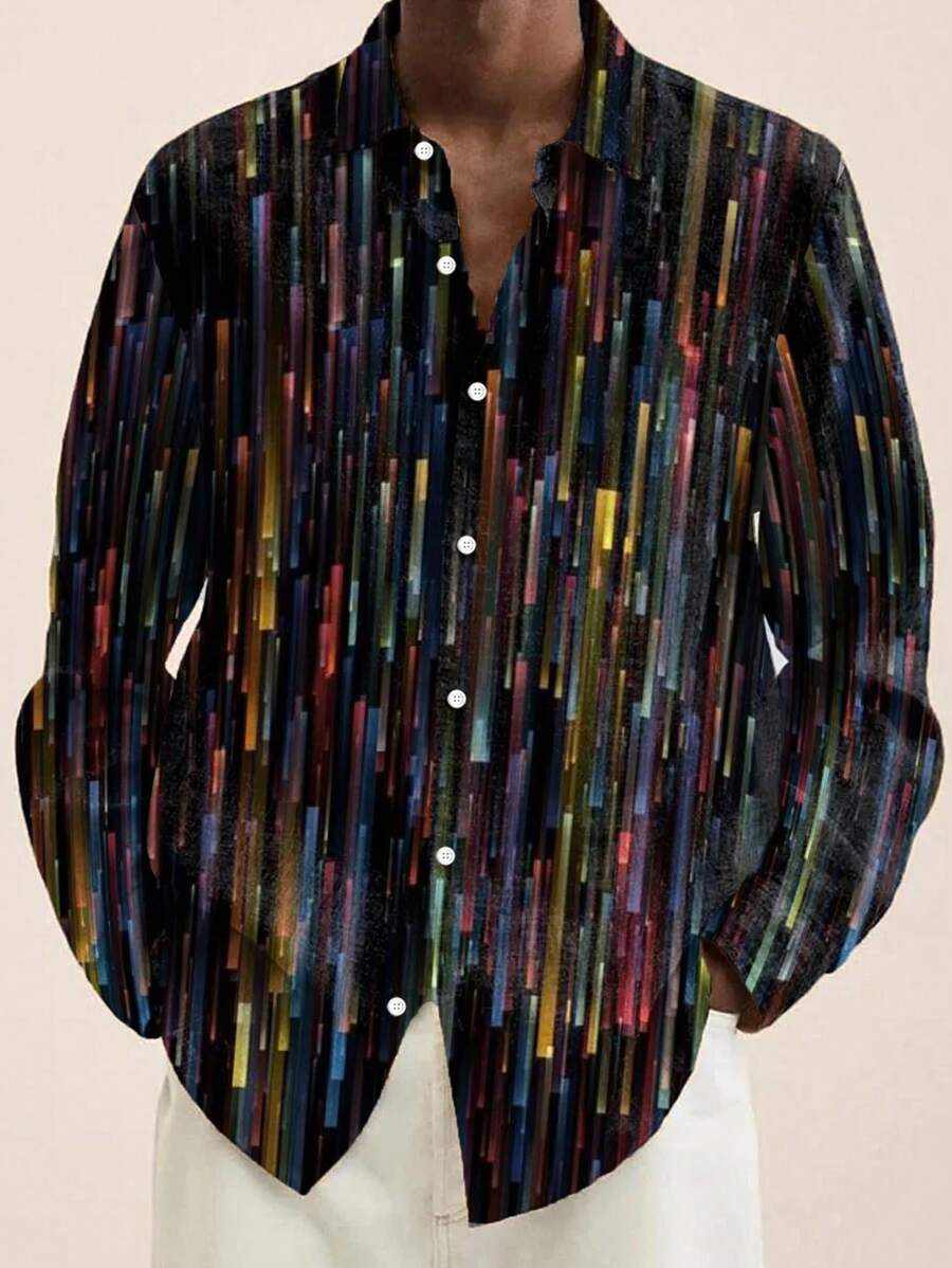 Plus Size Heren Vintage Kleurrijke Gestreepte Ombre Print Knoopsluiting Lange Mouw Shirt