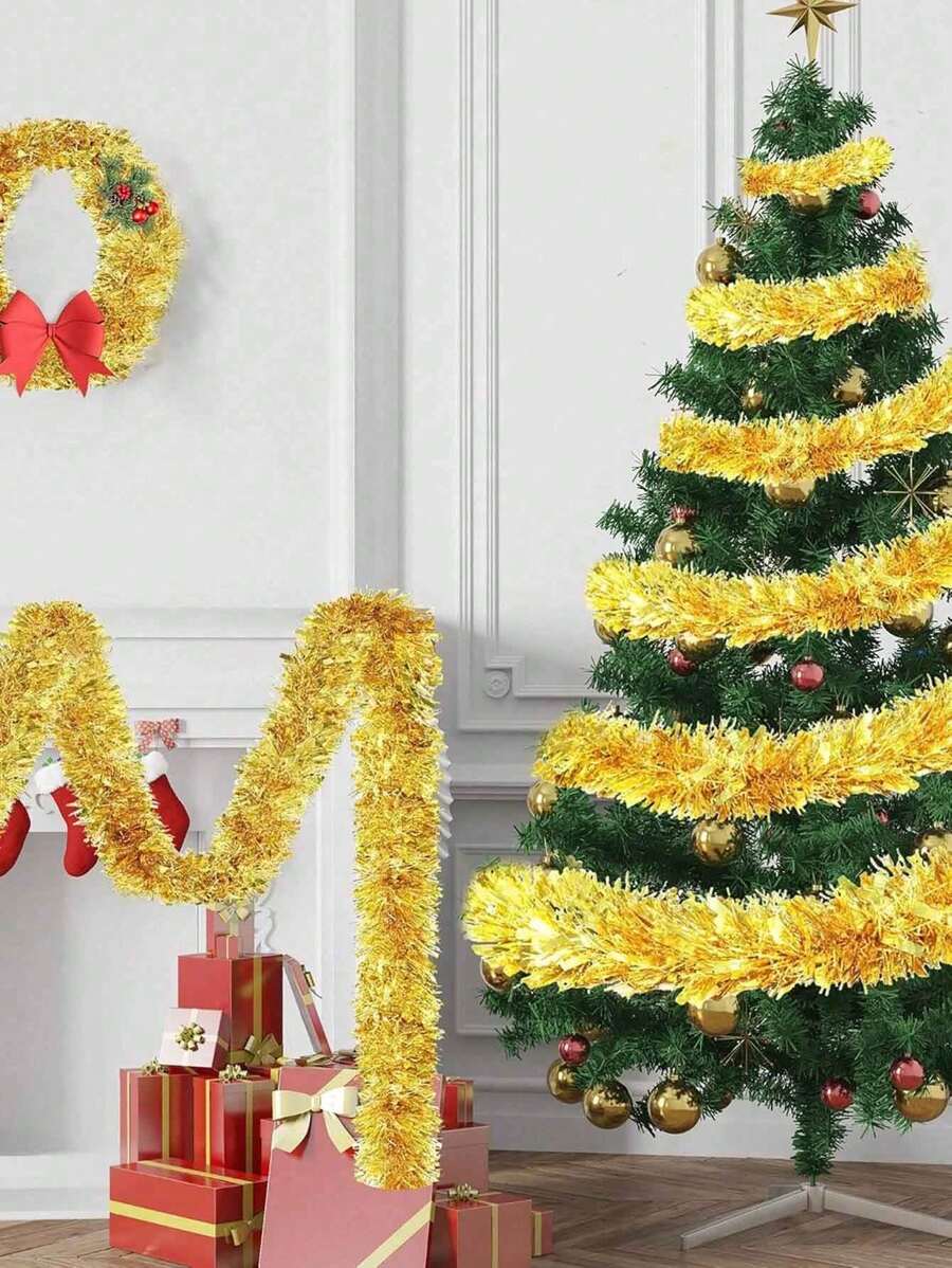2 piezas de guirnalda metálica dorada en forma de árbol de Navidad, serpentinas metálicas para celebrar fiestas festivas como Navidad, Carnaval y fiestas disco interiores y exteriores