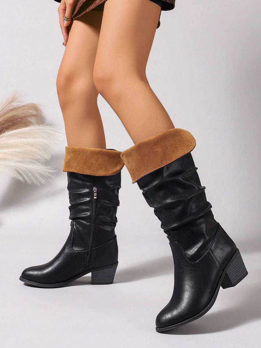 1pair Black Lace-Up Chunky Heel Mid-Calf Boots, Elegant & Versatile Autumn/Winter Boots