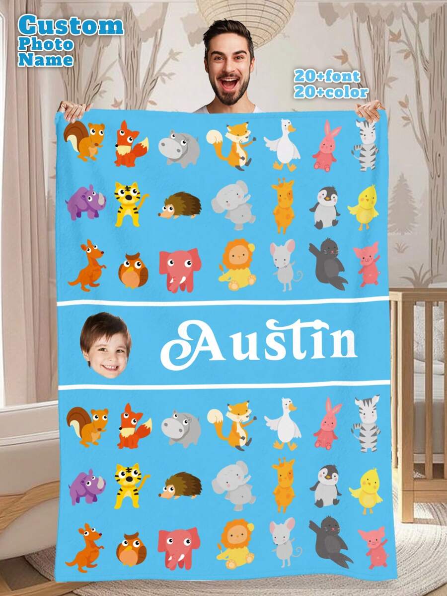 1pc Custom Photo Blanket ,Personalized Gift, Good Christmas Gifts,Personalized Blankets,Gifts For Kids,Girl /Boys Custom Face And Name Blanket, Personalized Blanket With Kids Face,Unicorn/Rainbow/Animals Pattern Blanket For Children, Name Plush Blanket Little Girl/Boys,Best Friend Photo/Text Blanket