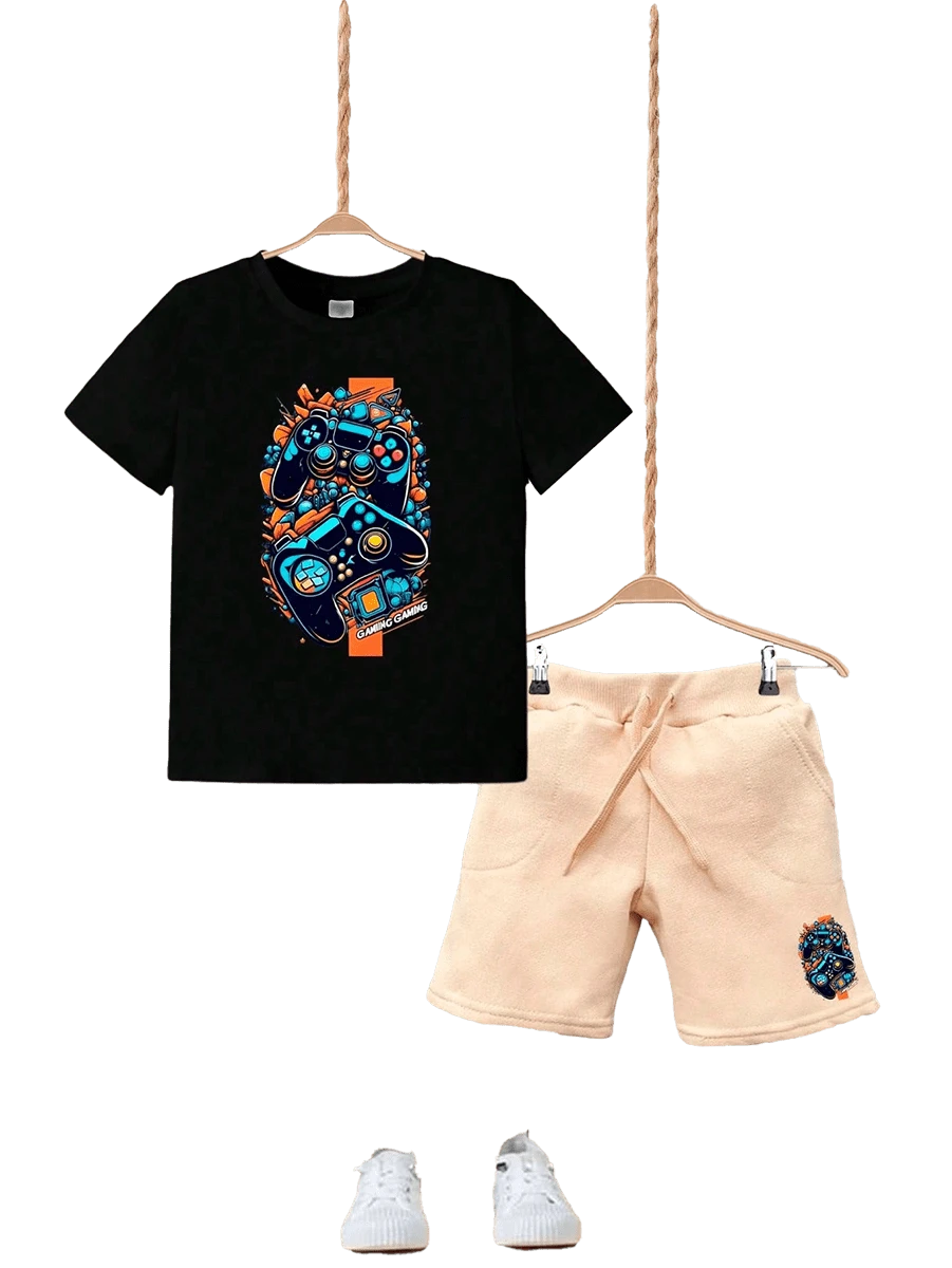 Conjunto Bermuda Bege Com Bolso + Camiseta Algodão Game Play Controle Moda Infantil Kids Juvenil