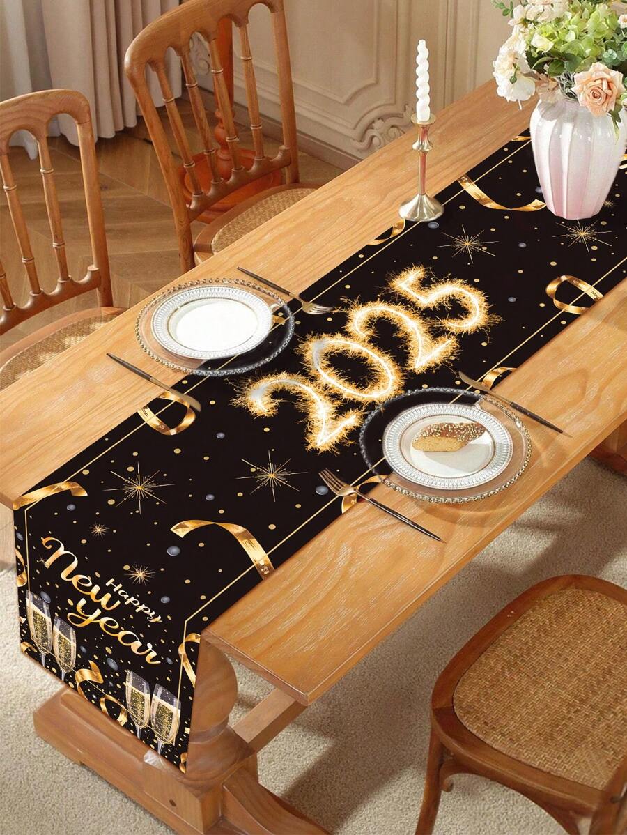 1pc 2025 New Year's Eve Table Runner, Polyester Black Gold Happy New Year Table Cover, Black Gold Champagne 2025 Happy New Year Party Kitchen Decorations Background Table Runner, Black Gold Home Decor Table Decor Party Tablecloth Supplies, New Year Gifts