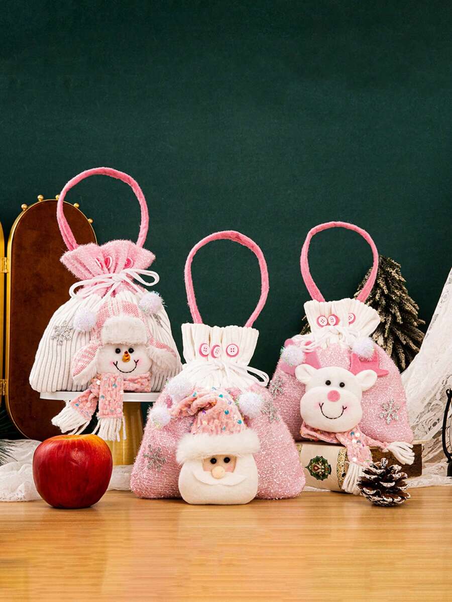 1 Piece Pink Gift Bag, Cute Gift Bag With Santa, Snowman, Elk For Christmas For Home Party Decoration, Holiday Gift Wrapping