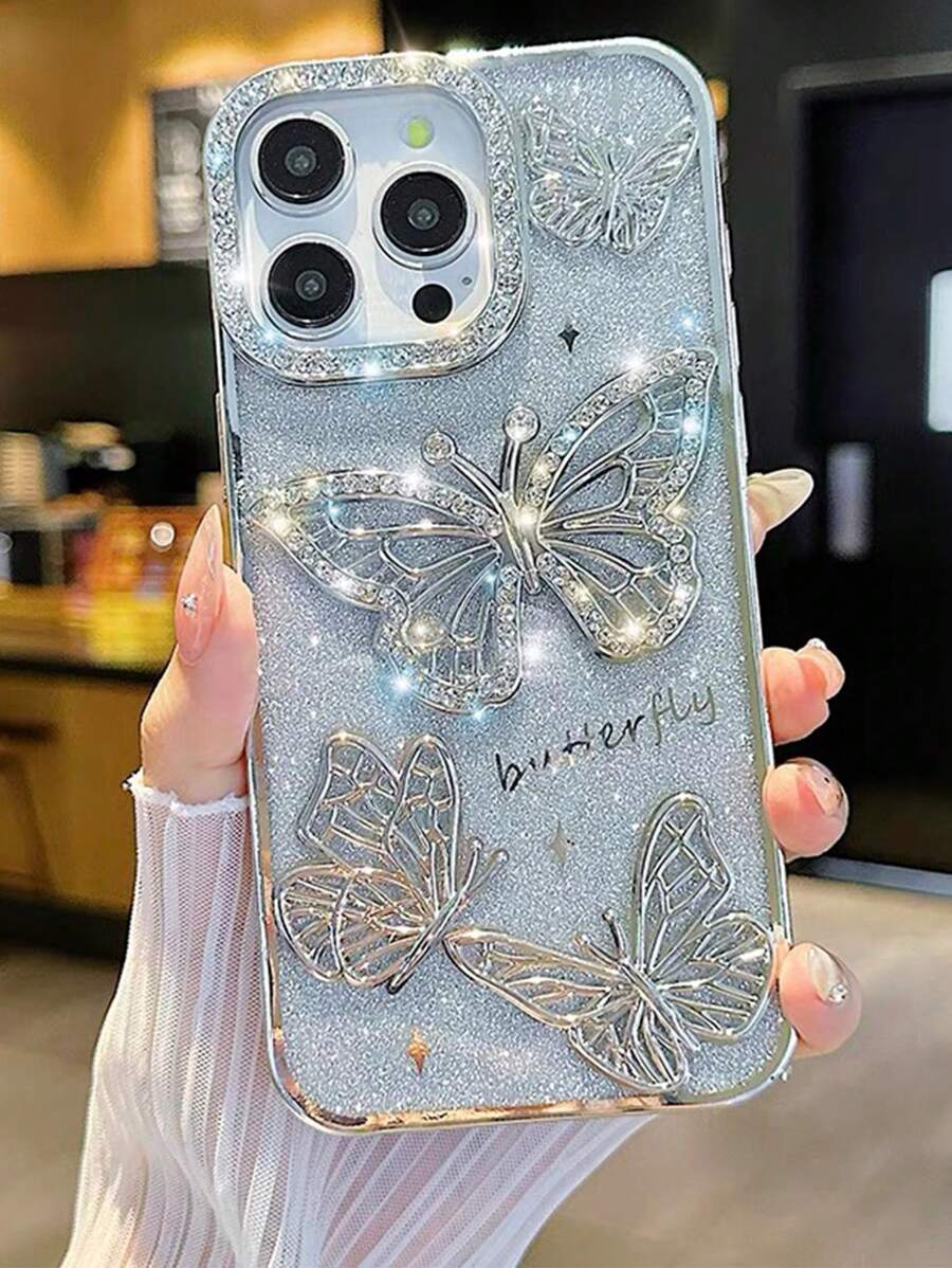 Animal High-End New Gradient Glitter Electroplated 3D Rhinestone Lens Butterfly Full Protective Anti-Fall Phone Case, Compatible With IPhone16 Pro Max