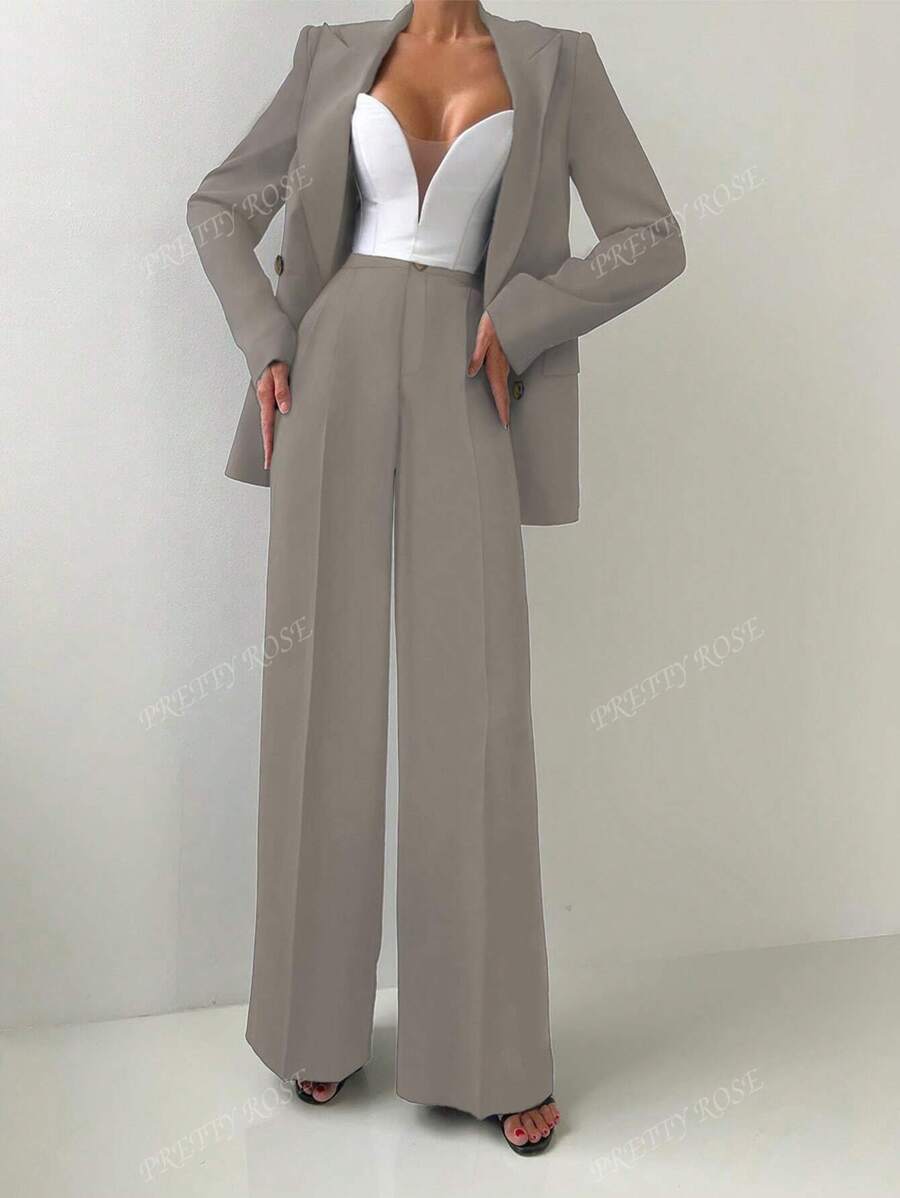 2pcs Women's Elegant Casual Blazer Jacket And Straight Pants Suit For Office Work, Autumn/Winter, With Shoulder Pad