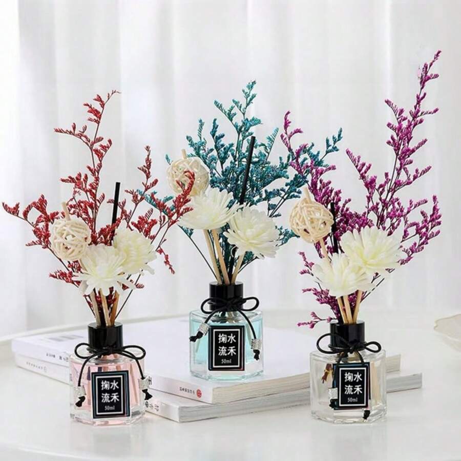 1 pezzo Set di aromaterapia senza fiamma da 50ml, decorazione di oli essenziali per aromaterapia, per rinfrescare l'aria e rimuovere gli odori, disponibile in profumi di limone, lavanda, rosa, gelsomino, Shangri La, giacinti, vero amore, incontro, osmanto, vaniglia, fragola, pesca e oceano. Il prodotto utilizza veri fiori essiccati di piante.