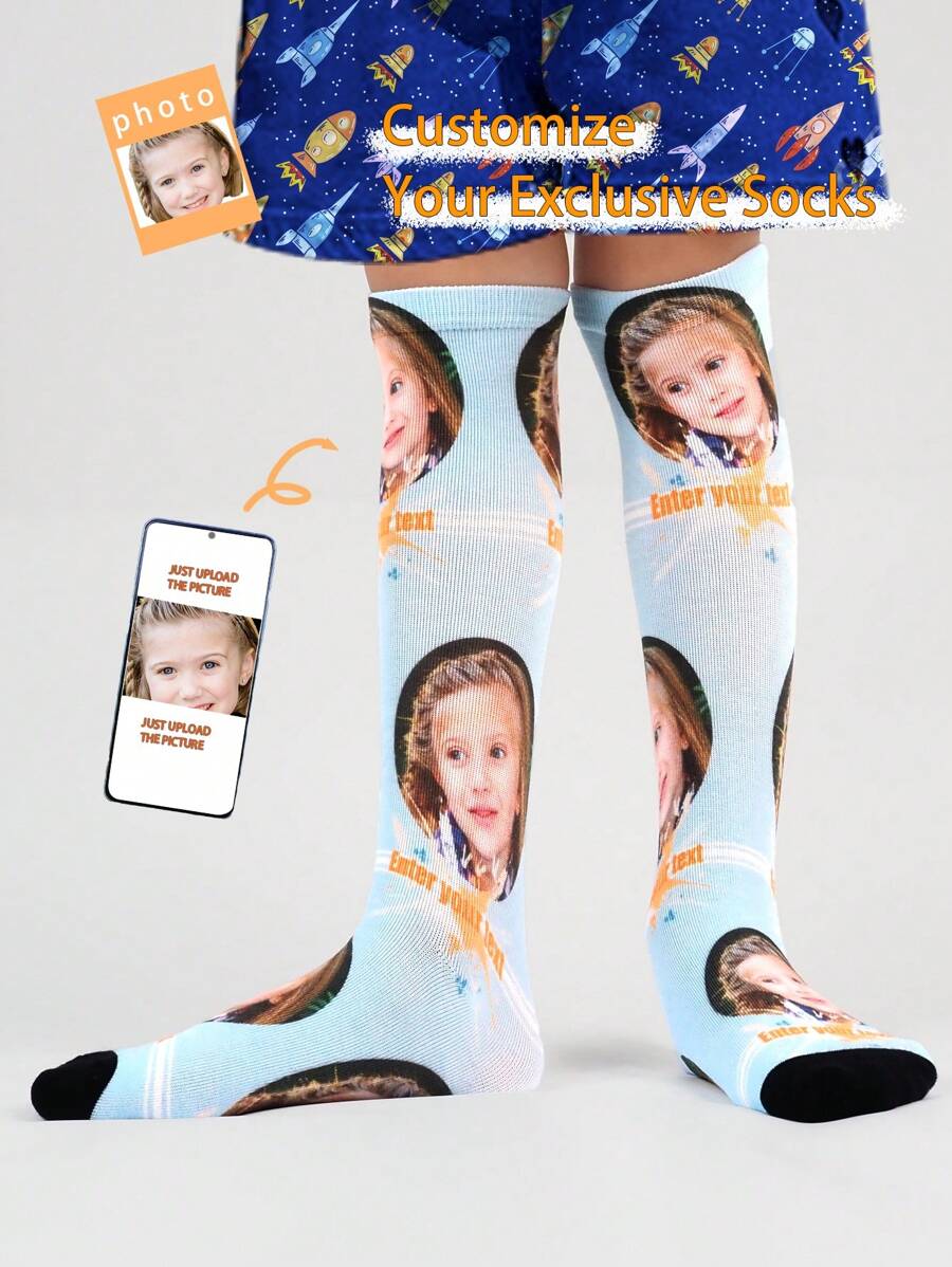 1 Pair Customized Face Printed Crew Socks For Girls And Boys, Personalized Photograph Mid-Calf Socks For Teens, Fun Customized Image Tall Socks For Daily Wear, Holidays, Birthdays And Other Occasionsback To School Winter Gift Ideas Boy Girl Valentine's Day