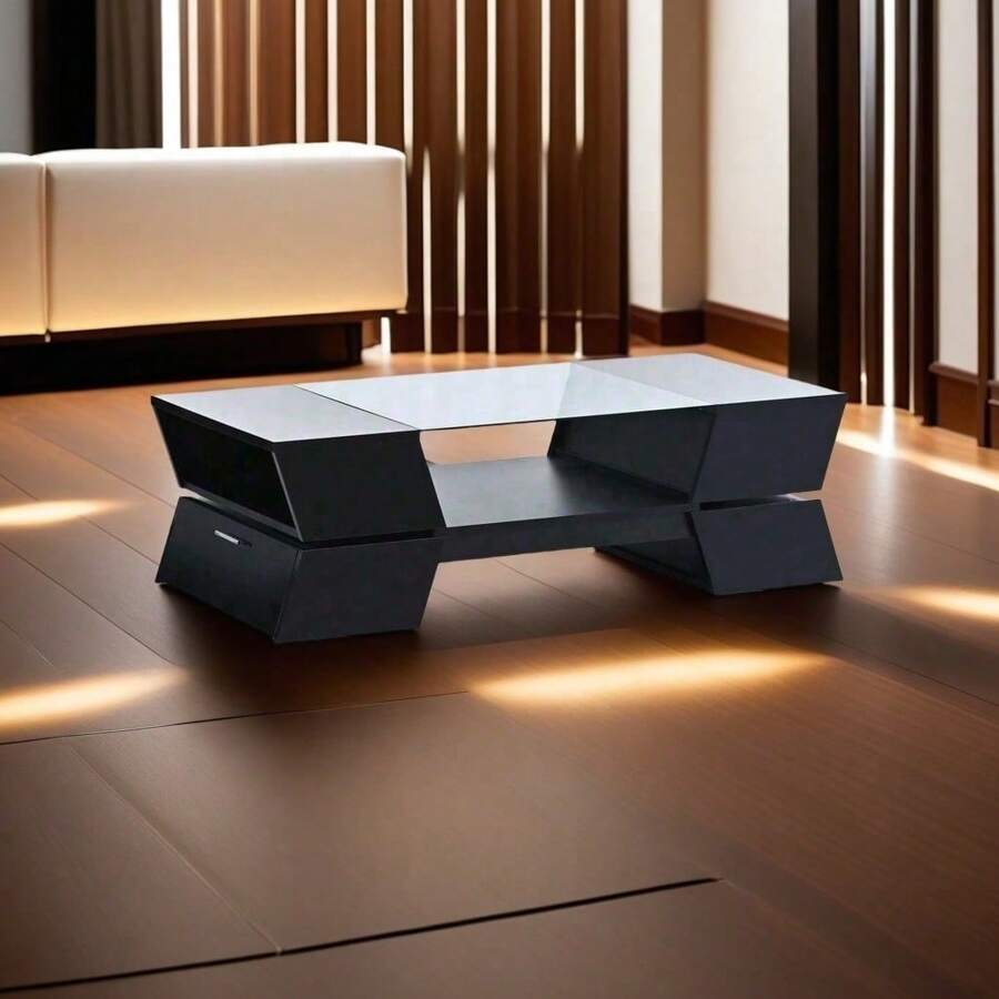 6Mm Glass-Top Coffee Table,Modernist 2-Tier Center Table For Living Room, With Open Shelves And Cabinets,With Ample Storage SpaceGeometric Style,Good Waterproof Performance,Black.,Victory Store