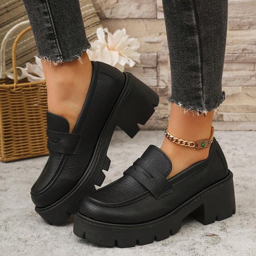 Chaussures mocassins noirs pour femmes grandes tailles, semelle épaisse, antidérapante, augmentation de la taille pour tenue polyvalente, style britannique