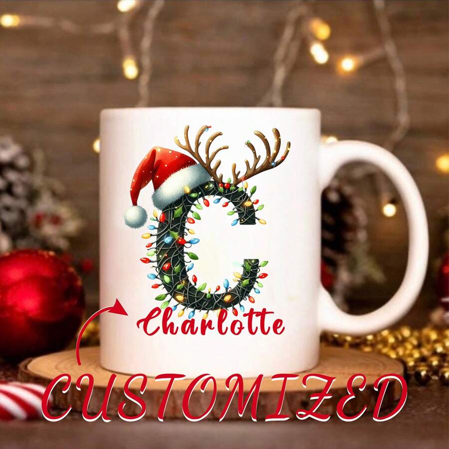 1 pieza Taza de café personalizada de 11 onzas con letra del nombre personalizada - Diseña tu propia taza personalizada, Taza de cerámica con letra de la A a la Z, Taza de novedad, Taza de té blanca, Vajilla de verano e invierno, Regalo de cumpleaños, Regalo para fiesta familiar