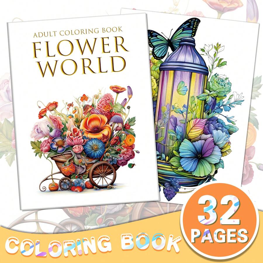 Flower World Series Adult Coloring Book For Women - With 32 Pages Flowers Pattern , Adult Color Book For Easy , Funny , Stress Relief , Relaxation , Anxiety And Depression - Ideal Christmas Gift For Women Girls Back To School,Mother's Day,Mom's Gift