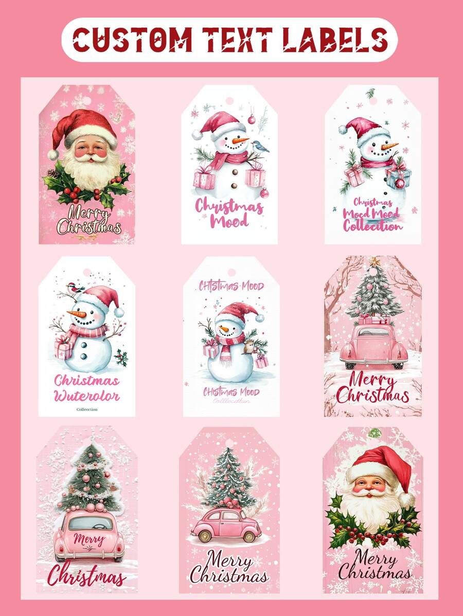9/18/36pc Gepersonaliseerde Roze Winter Kerst Cadeau Labels, Gepersonaliseerde Tekst Vakantie Labels En Cadeau Zak Labels, Kerstman, Kerst Sneeuwman, Kerstboom Patroon Ontwerp, Kerstboom Labels