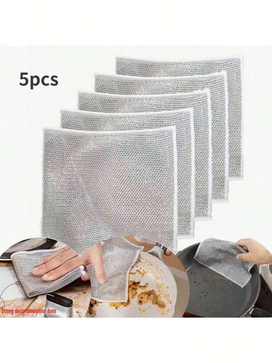 5pz Paño De Limpieza 12 cm, Malla De Alambre Plateada Antirrayas Para Húmedo Y Seco, Trapos Reutilizables Para Lavar Platos, Toallas De Cocina, Lavado De Platos, Fregaderos, Encimeras, Superficies De Cocinas, Herramientas De Limpieza.