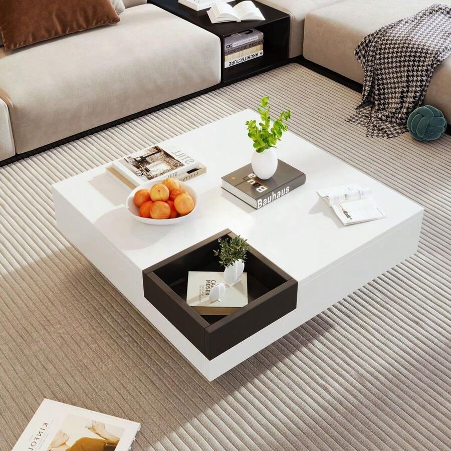 Table basse, table de salon haute brillance, table d'appoint avec boîte de rangement amovible, bloc de couleur blanc et noir, 72 x 72 x 30 cm, avec effet de lumière LED