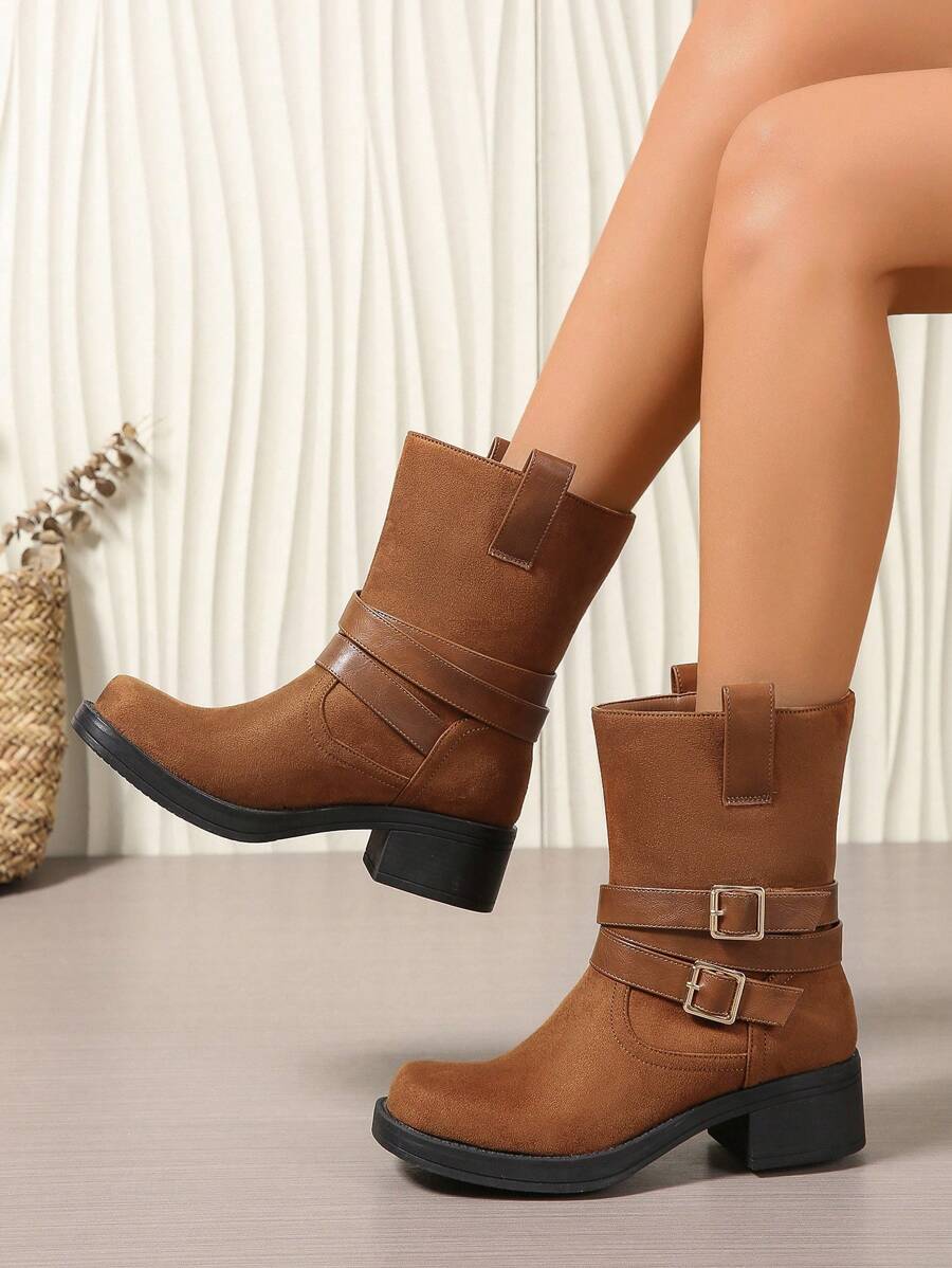 Camel Multi-Strap Buckle Mixed Materials Slip-On Chunky Heel Square Toe Comfortable Chelsea Boots, Versatile Office & Casual Style Ladies Booties