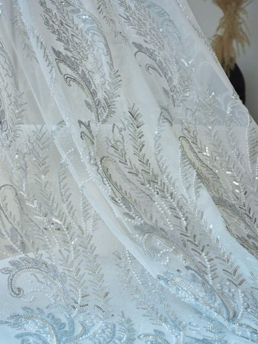 1pc Luxury French Style Embroidered Voile Curtain, Glittering Beaded Applique Elegant Sheer Window Drape, Lightweight And Breathable For Bedroom, Living Room, Dining Room, Chic Home Decor