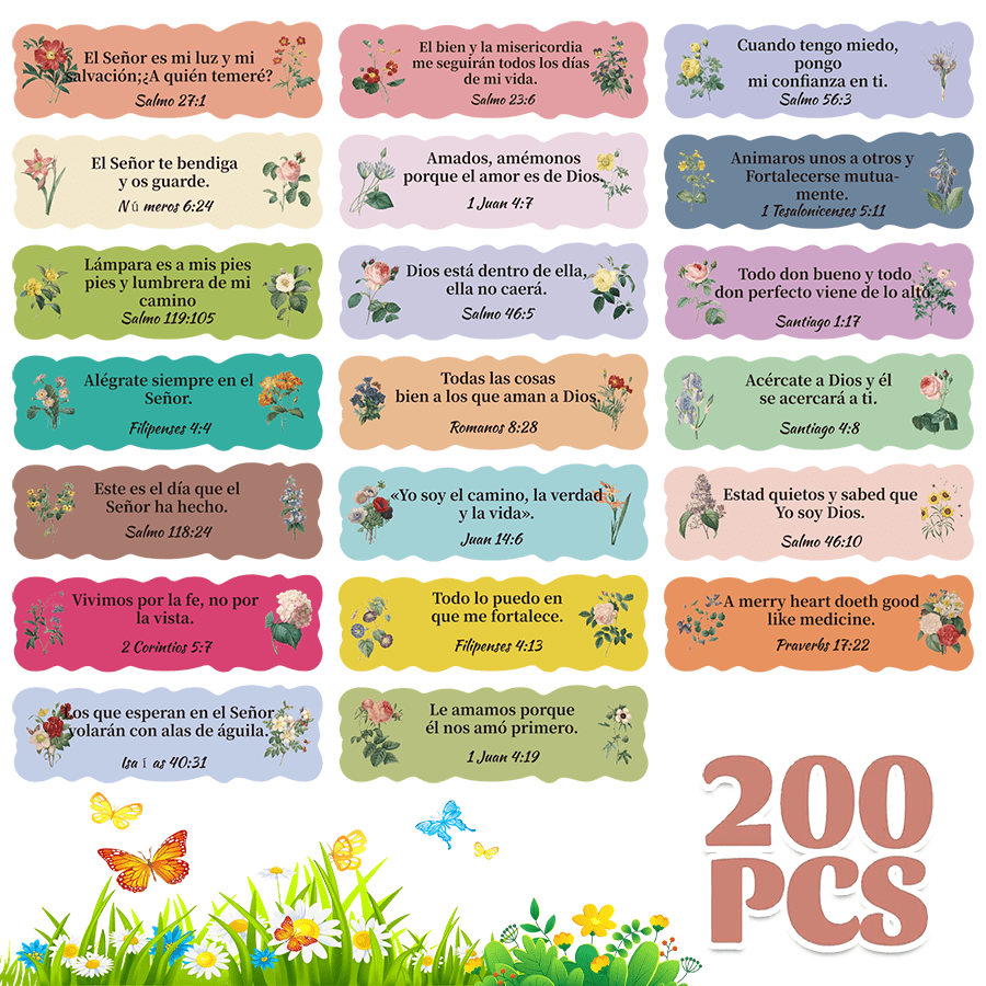 200pcs Spanish Bible Inspirational Stickers, Colorful Flower Bible Verse Stickers For Christian Planner, Sticker, Inspirational Magazine Sticker, Fan-Shaped Edge Faith Decal For Vase, Notebook, Computer Screen Back To School