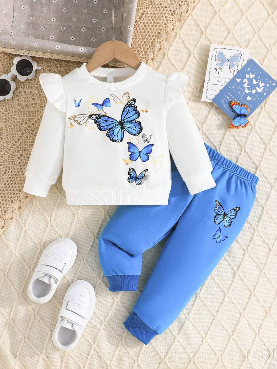 Baby Girl Butterfly Print Cap Sleeve Top And Casual Comfortable Pants Set