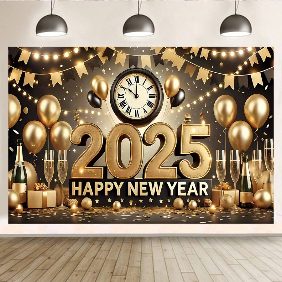 1 Pezzo Striscione Riutilizzabile per Festa di Capodanno con Decorazioni in Oro - Orologio, Palloncino, Bicchiere di Champagne, Decorazione Multifunzionale per Celebrazioni di Capodanno, Sfondo Decorativo da Parete per Interno ed Esterno, Disponibile in Varie Dimensioni (210*150/150*100/100*75CM)