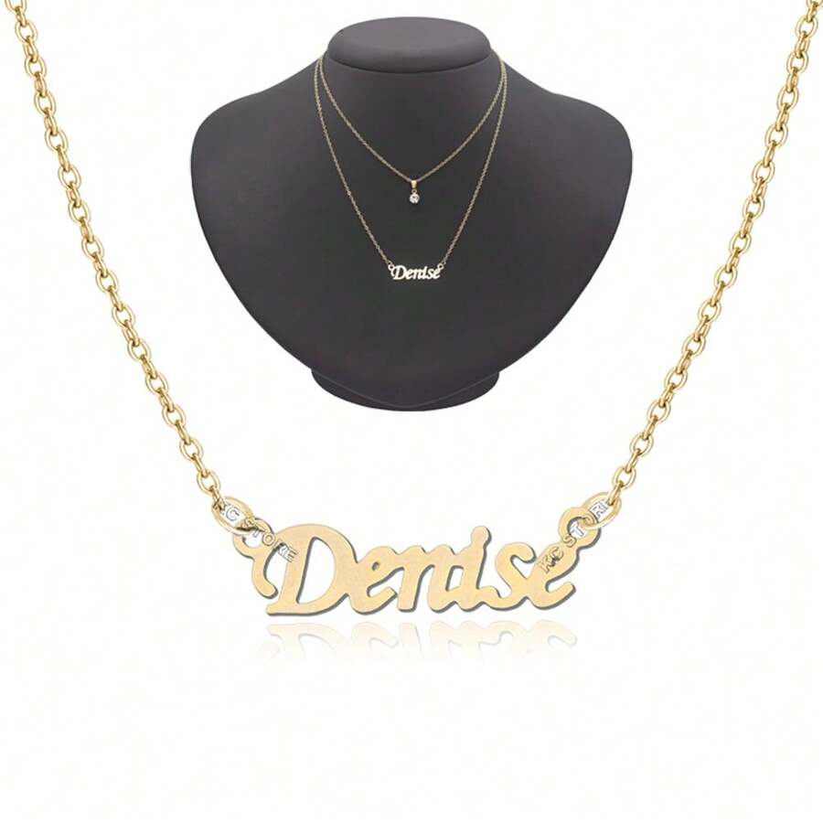 Colar de nome Denise feminino adulto mulher folheado a Dourado Corrente Duplo gargantilha com ponto de luz
