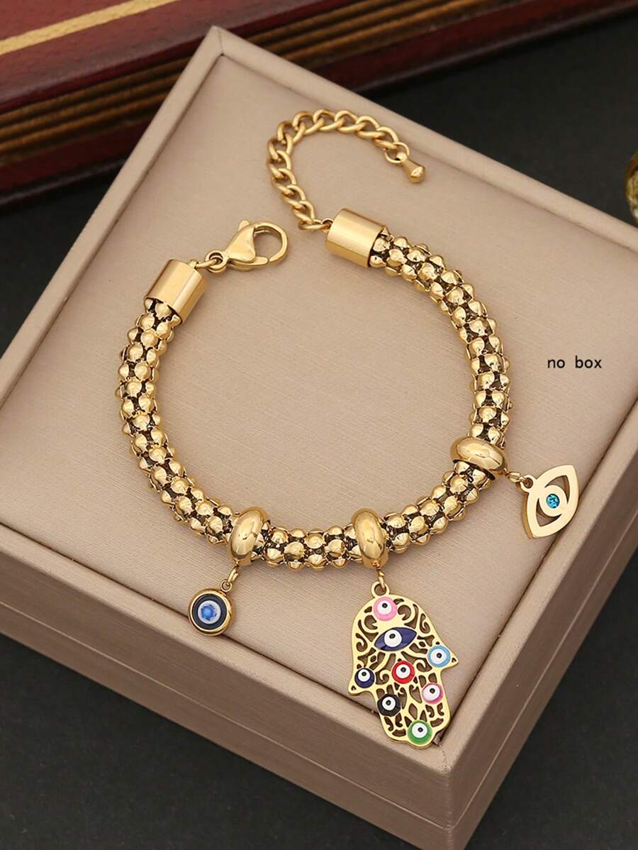 Freegrow 1pc Oil Drop Eye & Palm Design Stainless Steel Bracelet Suitable For Women's Daily Wear