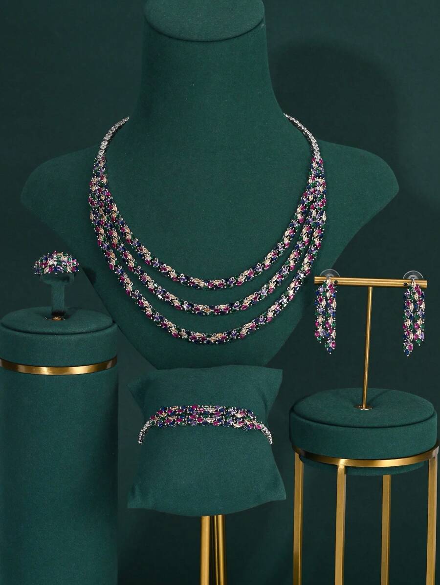 4 pièces / set de bijoux de fête tendance, collier multicouche, pierre de zirconium colorée incrusté de cuivre, ensemble de bijoux élégant pour femmes, convient au Moyen-Orient, en Europe et en Amérique
