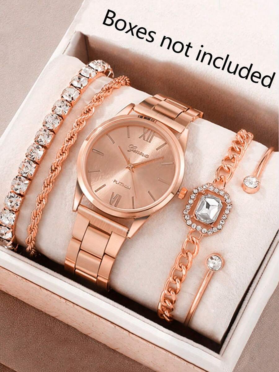 JasonRolls 5Pcs/Set, Women's Watch, Fashionable Luxury Business Gold Women's Steel Strap Watch, Alloy Material, Alloy Bracelet Set, Daily Wear Matching, Watch Bracelet Set, Gift For Women