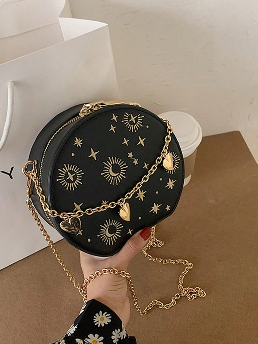 Mini bolsa redonda bordada, bolsa transversal com decoração de coração de corrente, bolsa circular com padrão de estrela e lua, presente de dia dos namorados, bolsa redonda pequena retrô de PU, bolsa de corrente estilo francês feminina, bolsa transversal de ombro bordada da moda