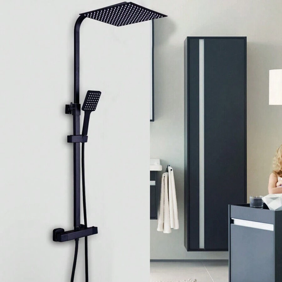 Eatssode Robinetterie de douche Système de douche Ensemble de douche noir avec thermostat Ensemble de douche Douche à effet de pluie Ensemble de douche avec douchette + douche de tête 30x30cm