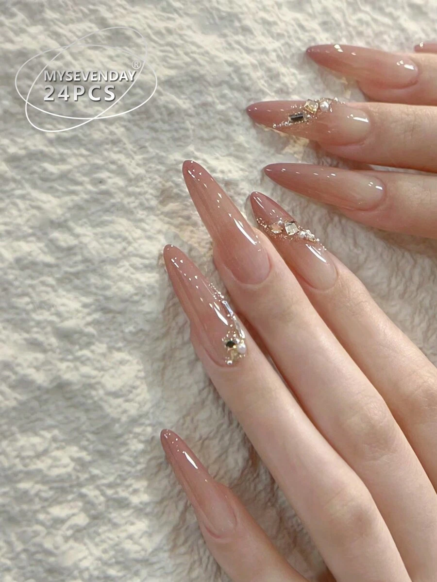30 Pieces Of Long Almond Shaped Pressed Fake Nail Patches, Gradient Rhinestone Sweet And Cool Japanese And Korean Style Women's Nail Patches, New And Fashionable Fingertips, Matched With 1 Piece Of Jelly Glue And 1 Piece Of Rubbing Strip, Suitable For Women's Parties, Dances, Daily Casual Wear, Detachable And Reusable Press On Nails