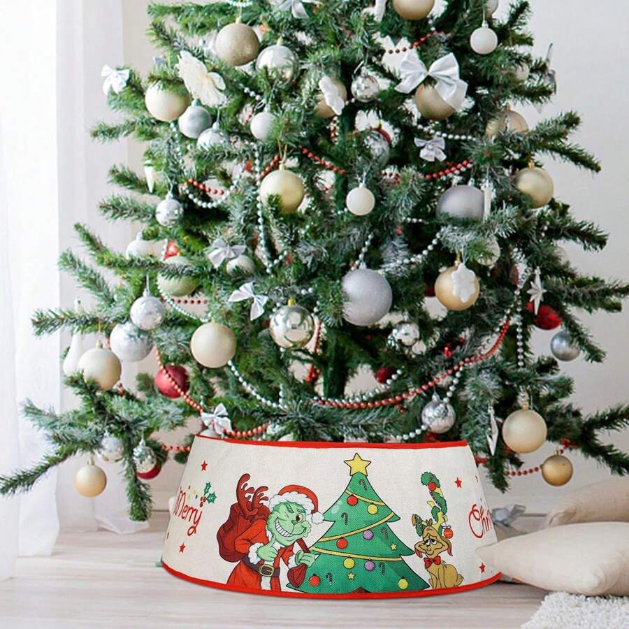 GRINCH Glitter Kerstboomrok, Cartoon Print Groen & Rode Kerstboomdecoratie, Geen Elektriciteit Nodig, Geschikt Voor Thuis, Keuken, Familiebijeenkomsten En Vakantievieringen
