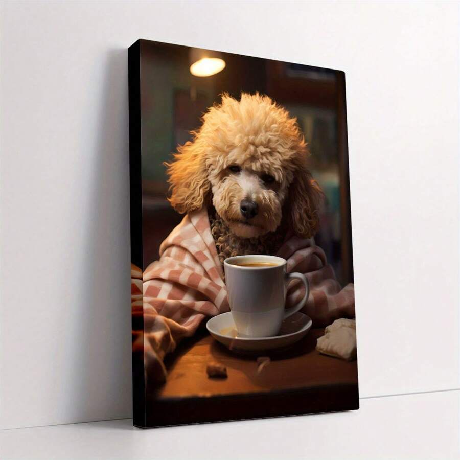 1pc Wooden Indoor,Charming Dog With Coffee Canvas Wall Art - Easy-Hang Framed Decor For Bedroom & Living Room, Unique Animal Poster Gift Idea