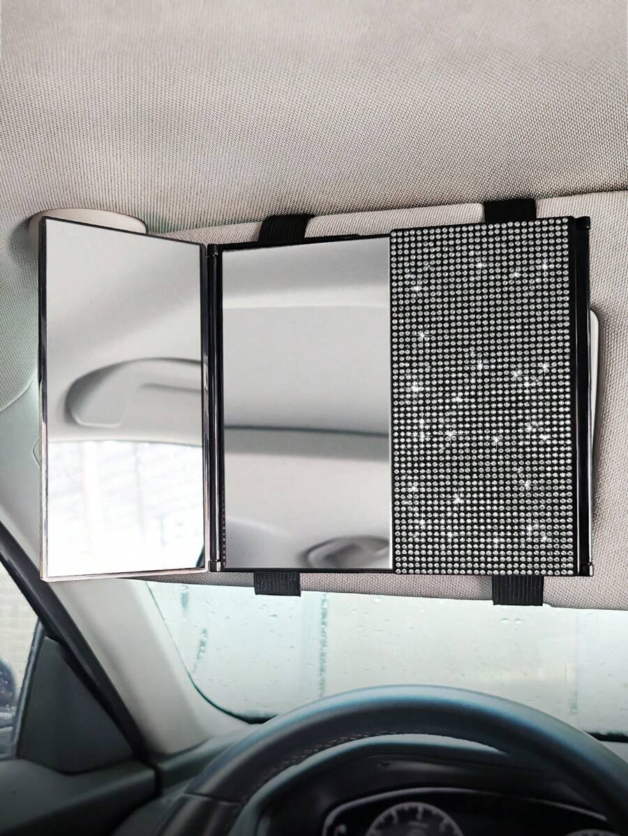 1pc Car Makeup Mirror, Shiny Rhinestone Decoration, Foldable Ultra-Thin Makeup Mirror, Sun Visor Decoration, Fashion Models Car Makeup Mirror, The Best Gift For Girls