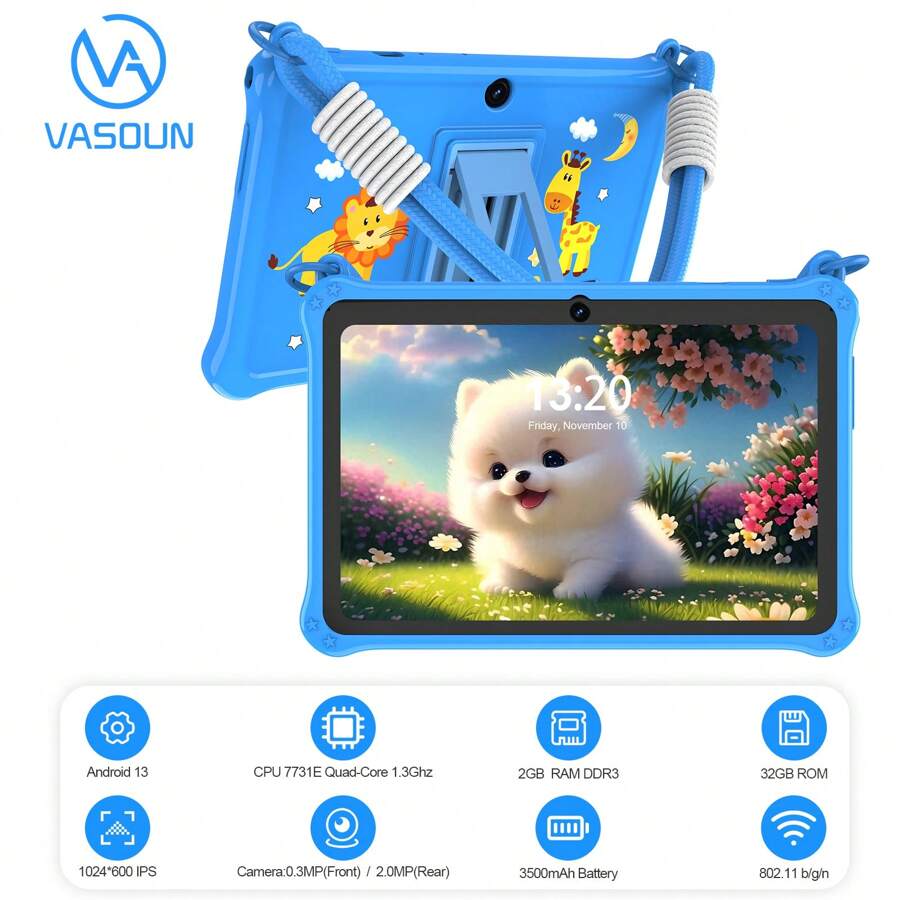 VASOUN Kids Tablet,7 Inch Toddler Tablet For Kids Edition Tablet,2GB RAM 32GB ROM, Android 13 Tablet With Parental Control,Educational, Games, Shockproof Case