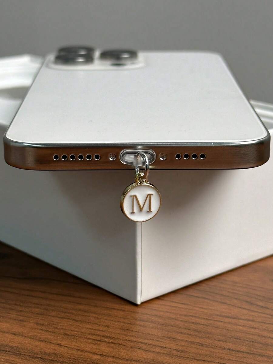 1pc White Electroplated Dust Plug Pendant With 26 English Alphabet On Both Sides, Compatible With Type C