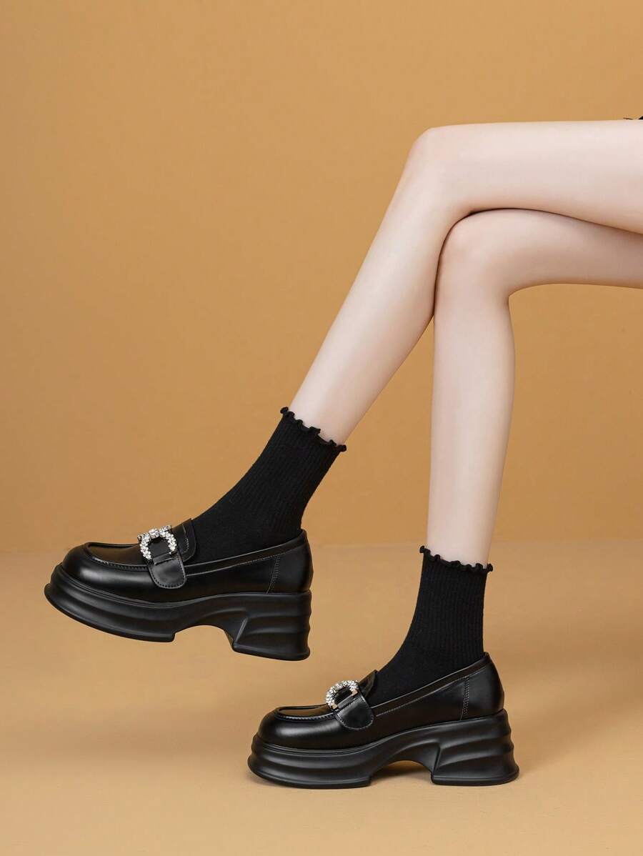 Spring Autumn New Style Women Rhinestone Thick Sole Slip-On Loafers, Chunky Heel Black Leather Shoes