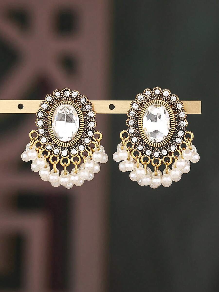 1 par de pendientes colgantes a la moda con borlas, piedras preciosas y perlas vintage, adecuados para el uso diario de las mujeres