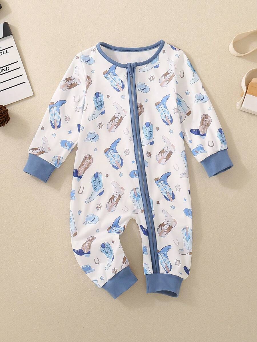 Baby Boy Printed Zip-Up Romper, Casual, Comfortable & Loose Fitting, Sports & Leisure Wear