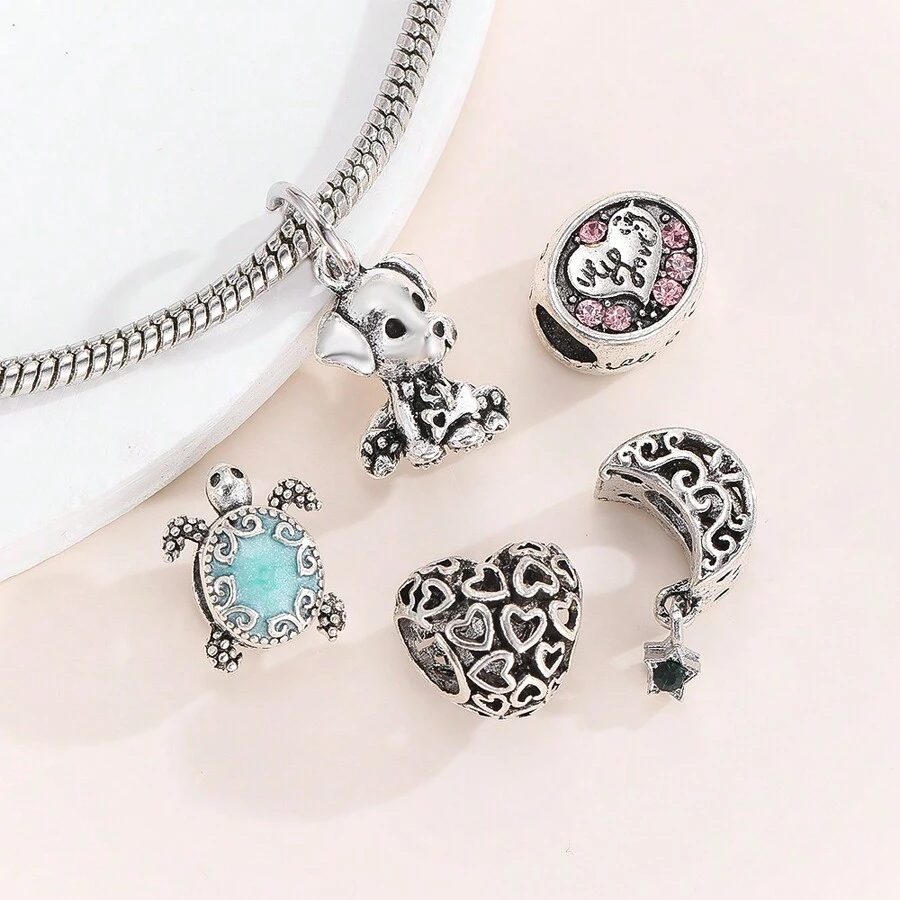 1pc Hollow Star Moon Heart Beaded Pendant, Oval Carved Heart, Blue Shell Turtle And Dog Charms, Suitable For DIY Bracelet Necklace Jewelry Making Valentines