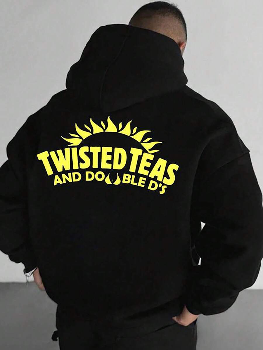 Men's Casual Letter Print Hoodie With Kangaroo Pocket, Comfortable Polyester Knit Fabric, Suitable For Autumn/Winter Streetwear