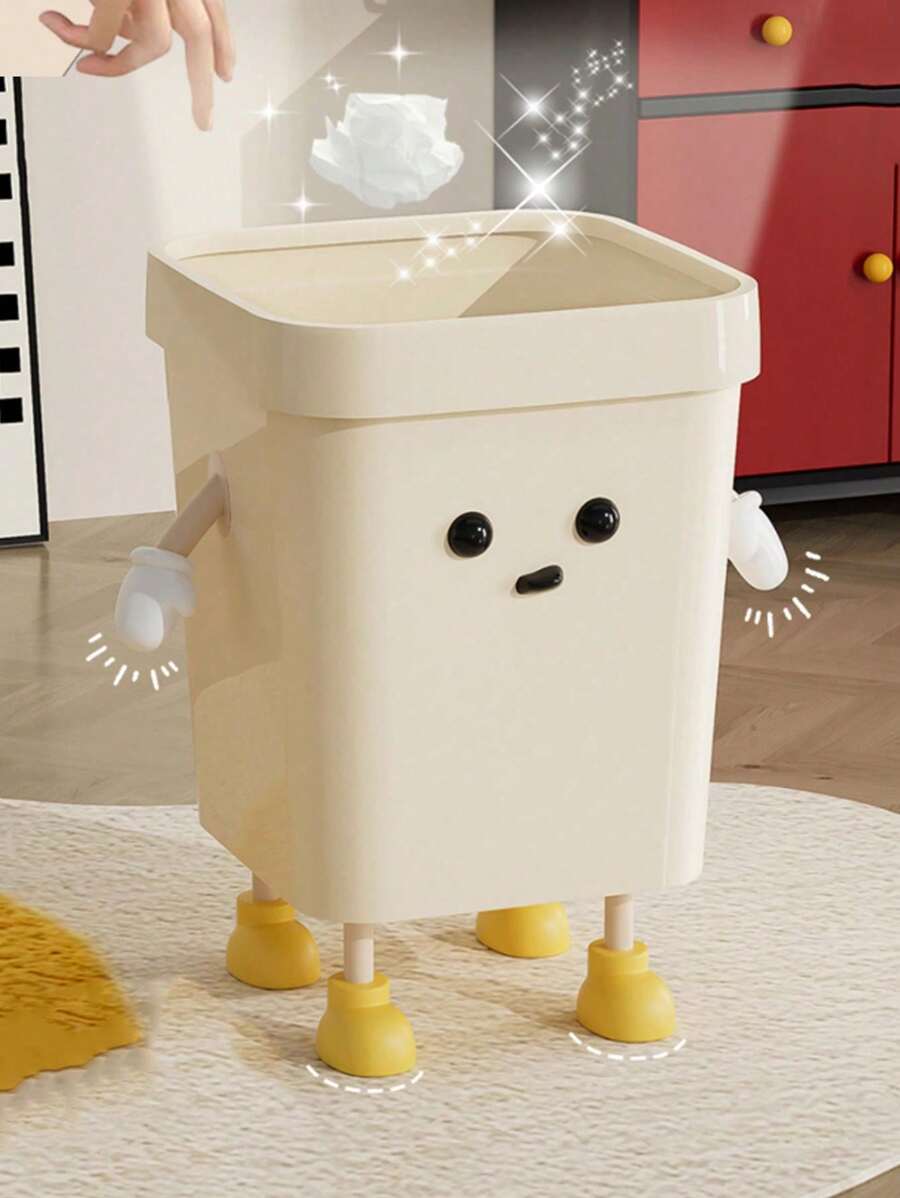 1pc Cream Style Garbage Can, New High-Quality Aesthetic Home Use Cartoon Cute Large Size Trash Can For Living Room, Bedroom, Kitchen, Bathroom Home Bathroom Decor Bathroom Organizer Fall Decor Back To School