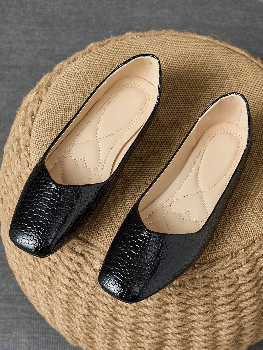 Women's Square Toe Flat Casual Slip-On Loafers, Black, Suitable For Work, Commuting And Daily Wear, Fall Season